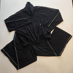 Varley Ariana Rib Lounge Set Black High Neck Top Wide Leg Pants Athleisure LG